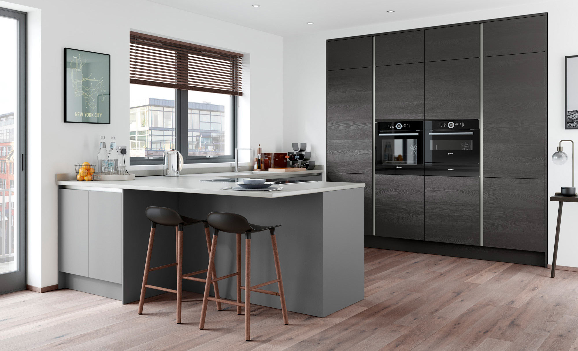 Uform Zola Matte Handleless Dust Grey & Tavola Hacienda Black  Kitchen